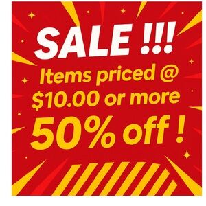 Holiday Sale !!! Half off every item priced $10.00 and up !